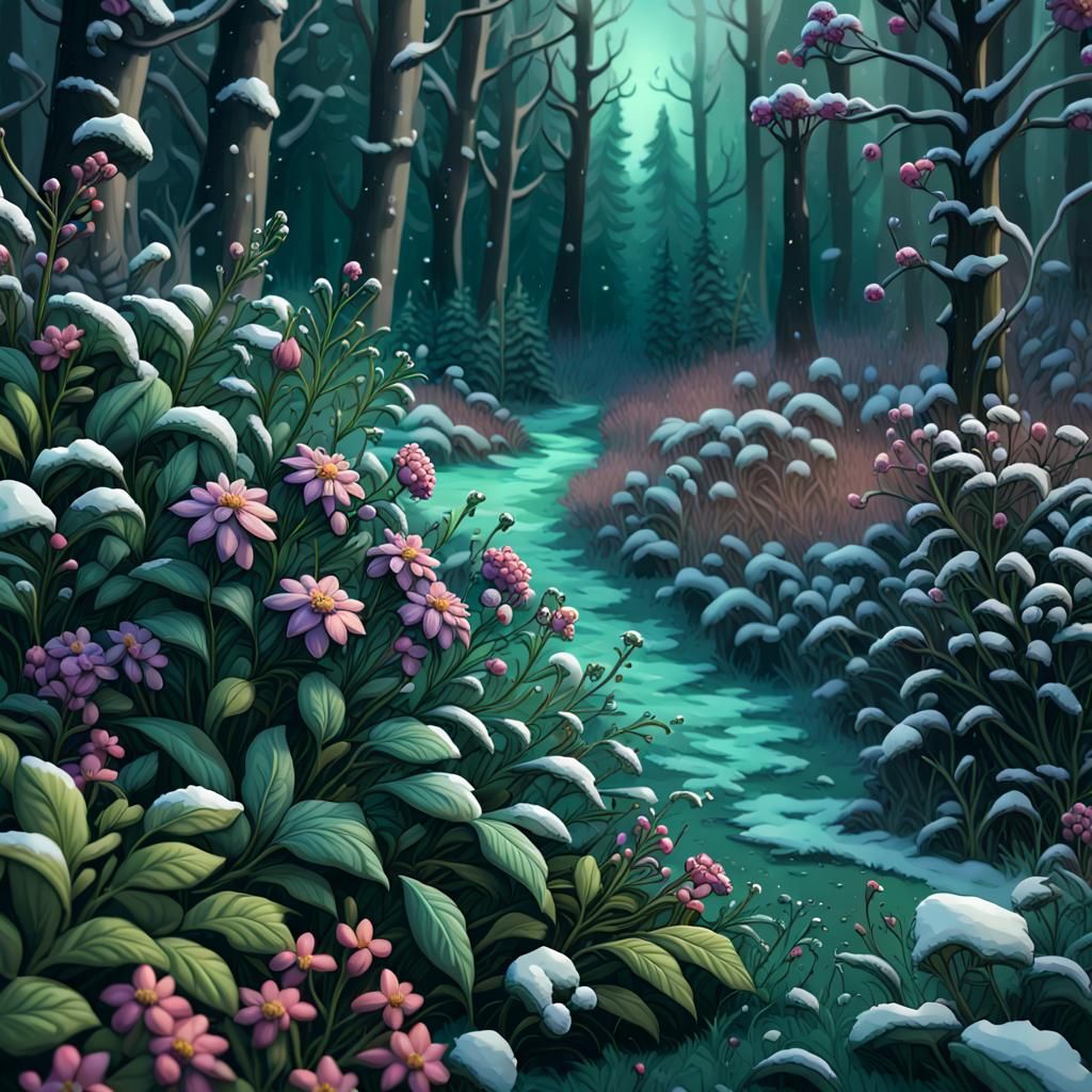 Vibrant Pop Art of Winter Flowers in Forest