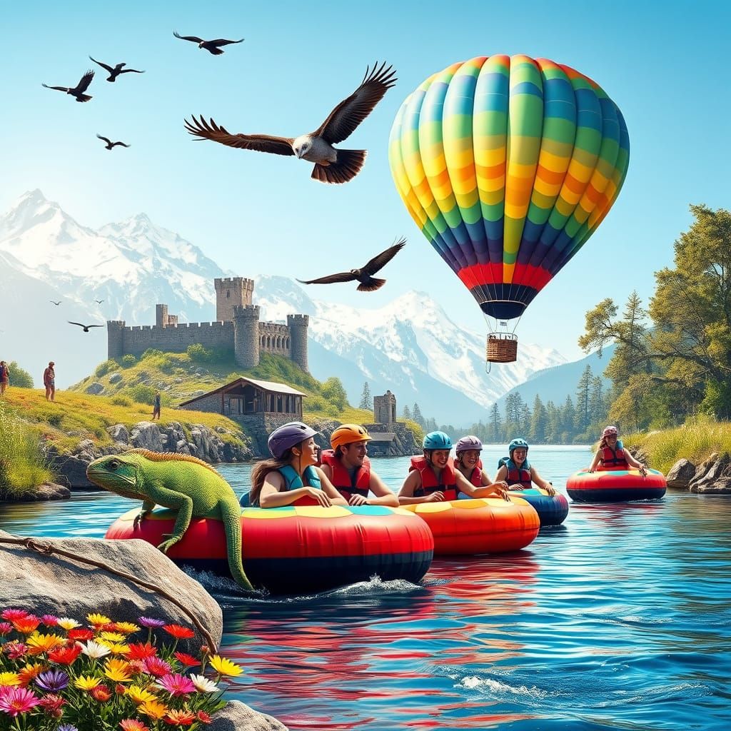 Vibrant Water Sports Scene in a Scenic River Landscape