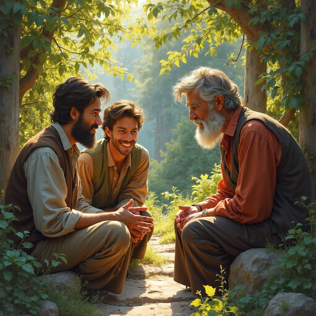 Mentorship in a Village Garden: Realistic Oil Painting