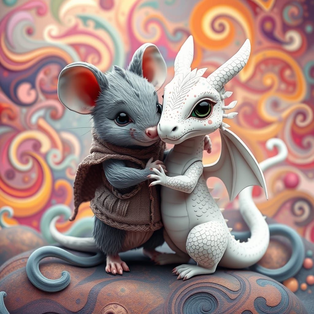 Mouse and Dragon Embrace in Abstract 3D Art