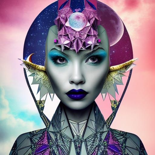 Origami Moon Girl Collage Illustration