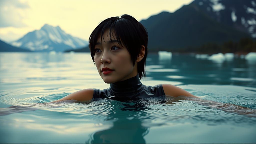 Cinematic Film Still: Woman Swimming in Icy Waters