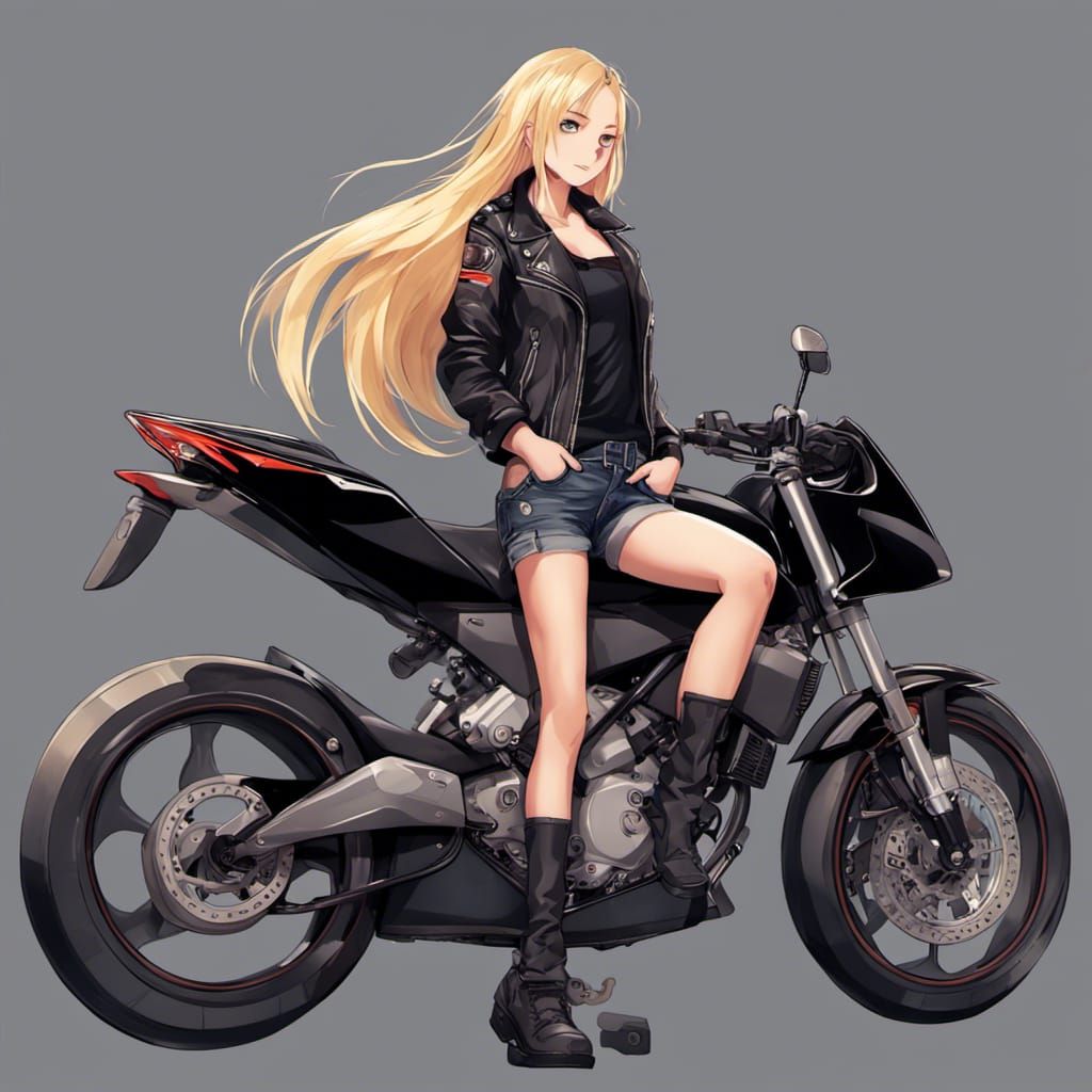 Anime Girl on Sports Bike in Leather Jacket