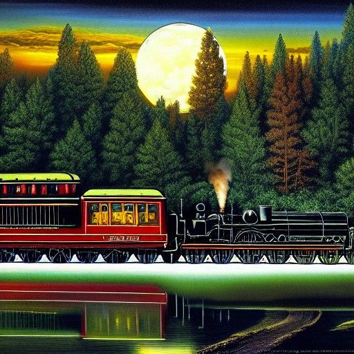 Steam Train by River in a Moonlit, Detailed Painting