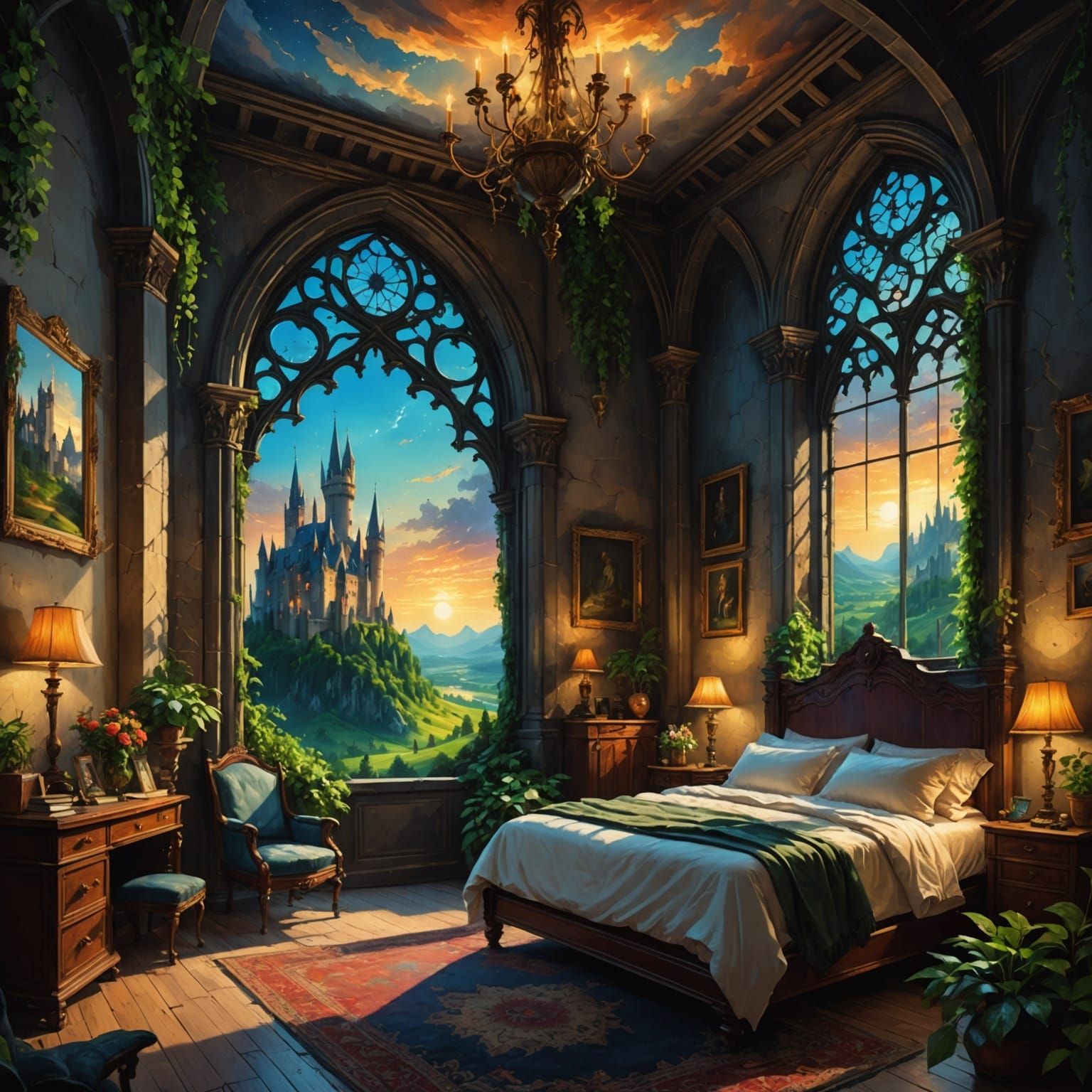Gothic Bedroom Opens to Fantasy Castle View