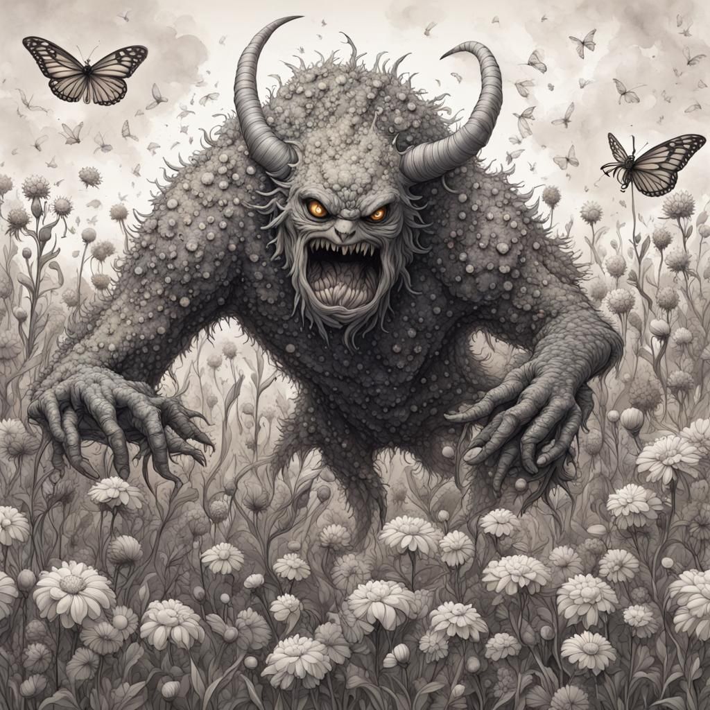 Monster Chasing Fireflies in Flower Field