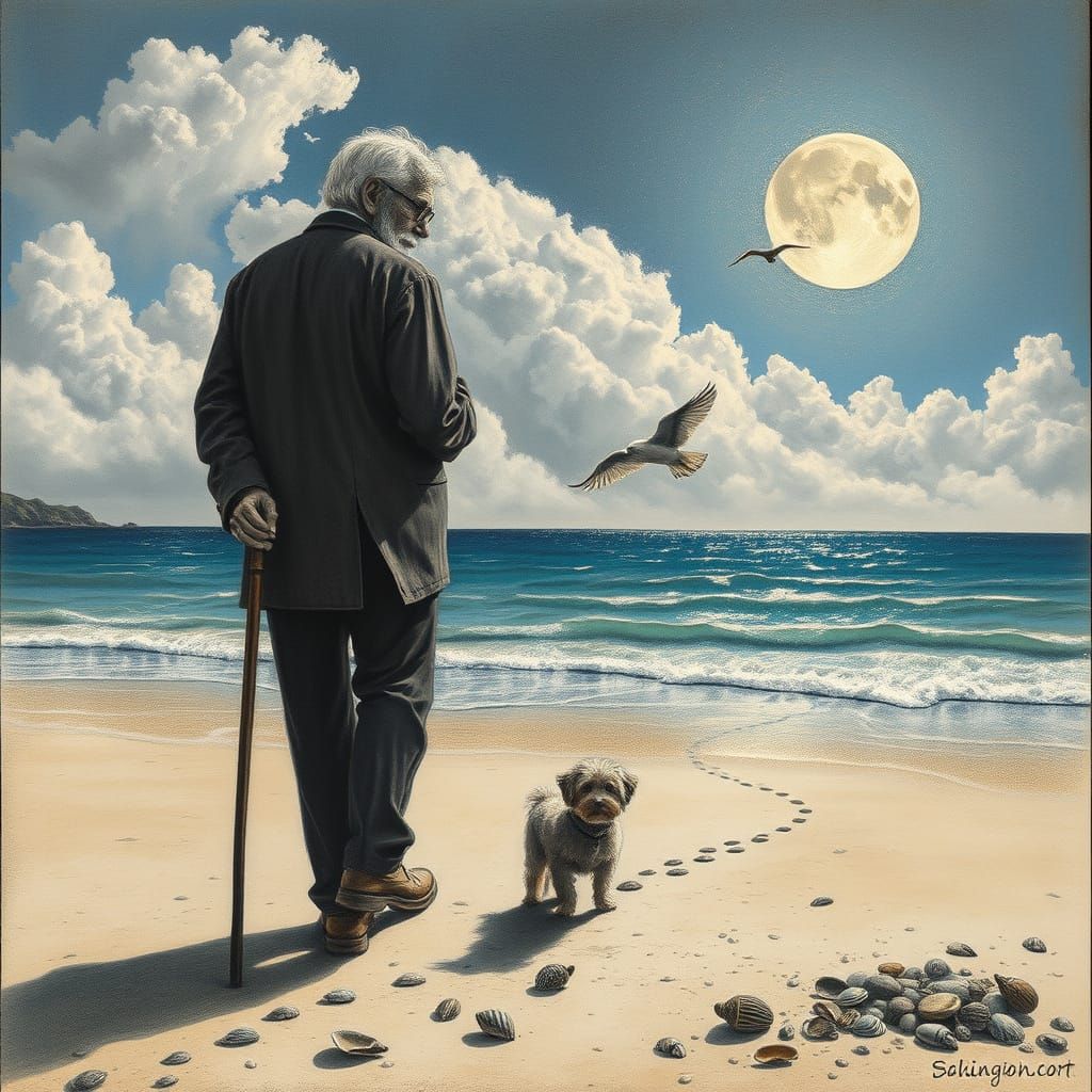 an old grey man with a walking stick ,taking his small dog for a walk on the beach,the ocean is a crystal blue color and...