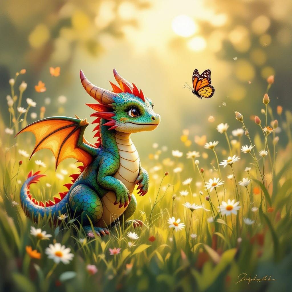 Baby Dragon Chasing Butterfly in Sunlit Meadow