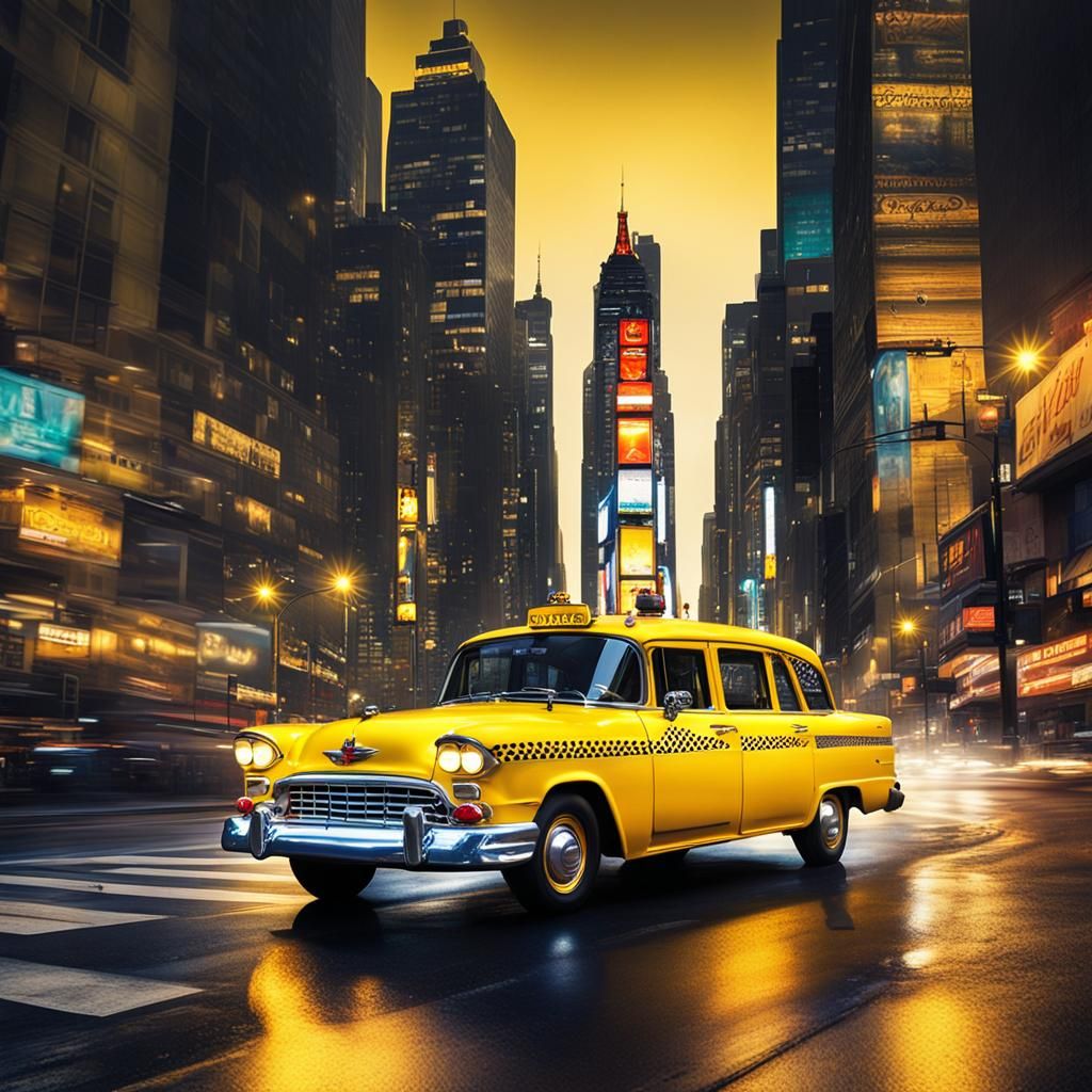 Checker Cab Races Down Neon Cityscape