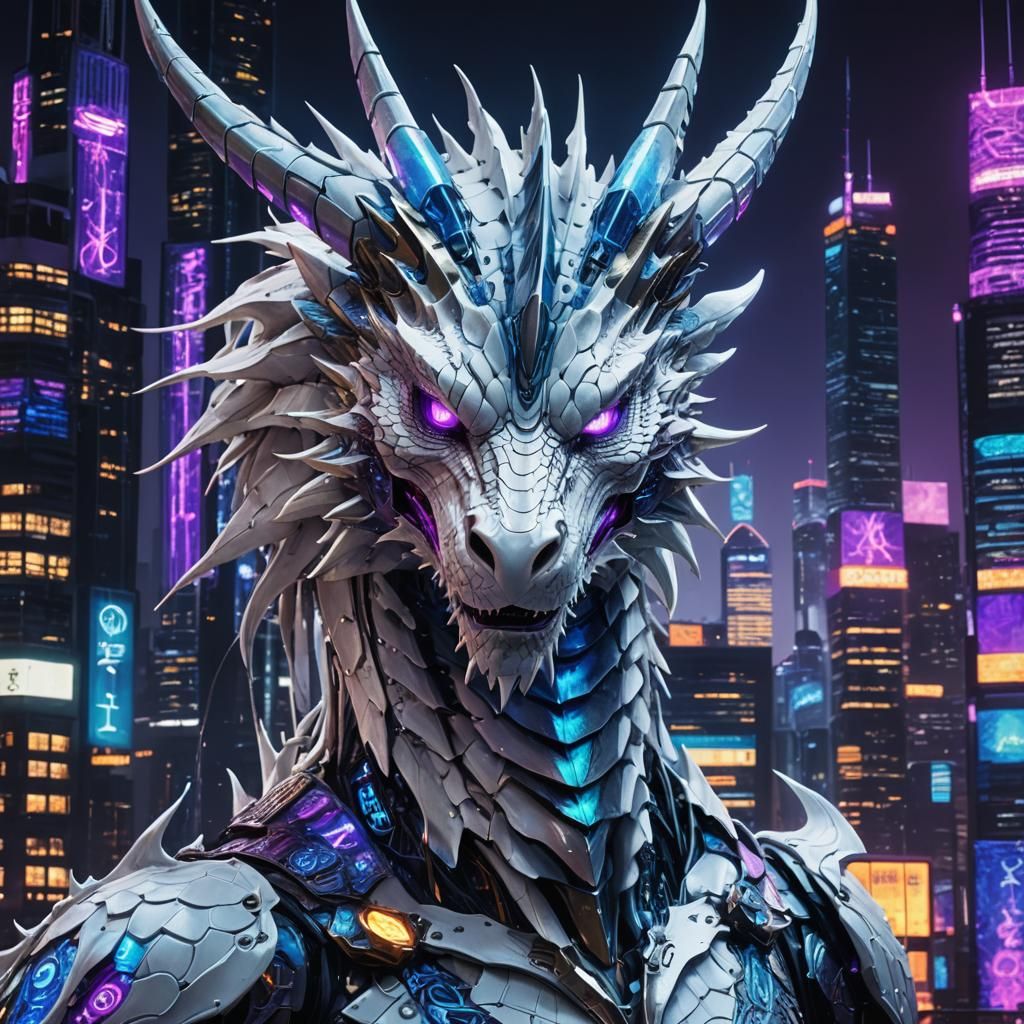 Neon Cyberpunk Dragon Head in Cityscape