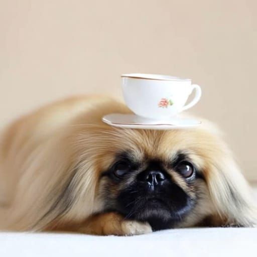 A Pekingese lying down wearing a teacup for a hat.