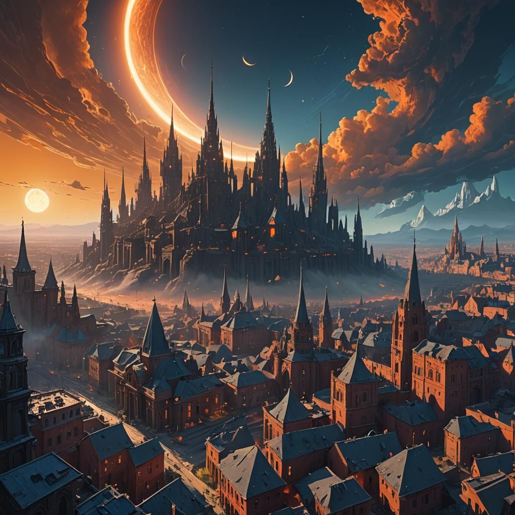 Celestial Eclipse Over Mystical City, Digital Matte Painting