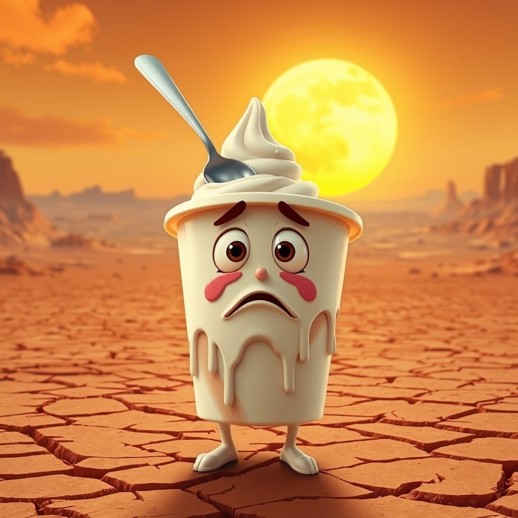 Melting Ice Cream in Desert, 3D Cartoon Style