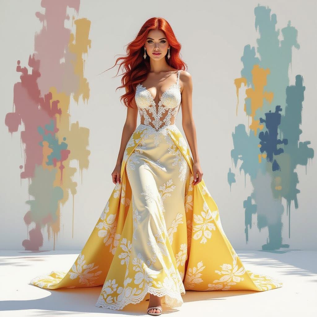 Red-Haired Woman in Floral Wedding Dress, Splash Art Style