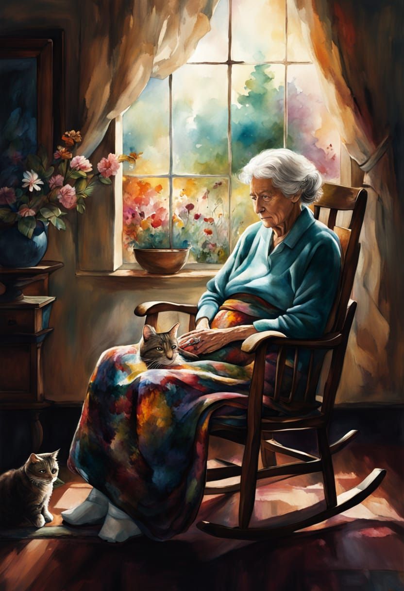 Elderly Woman Surrounded by Cats in a Vibrant Garden Scene