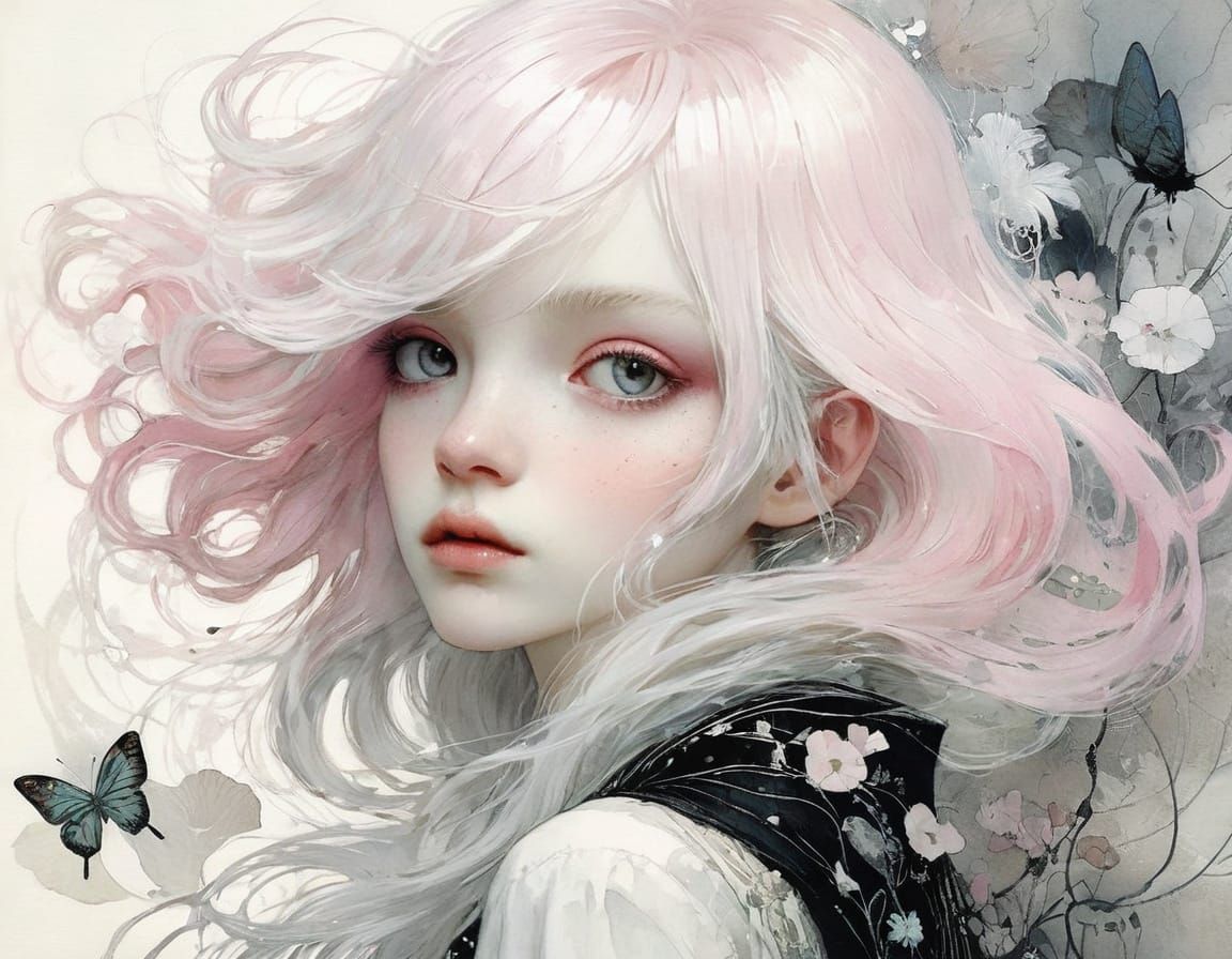 Pale Pink and White Hair in Dreamlike Style