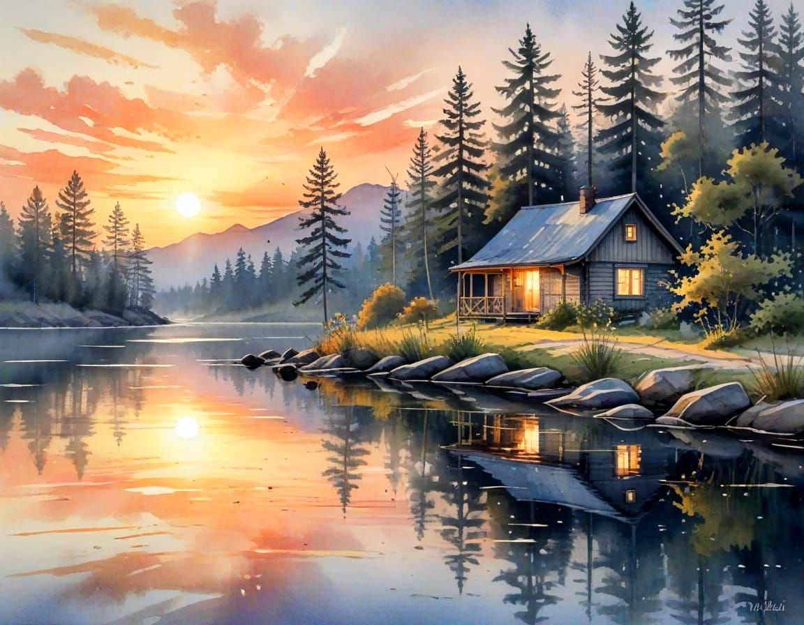 Surreal Watercolor Sunrise in a Cozy Cottagecore Setting