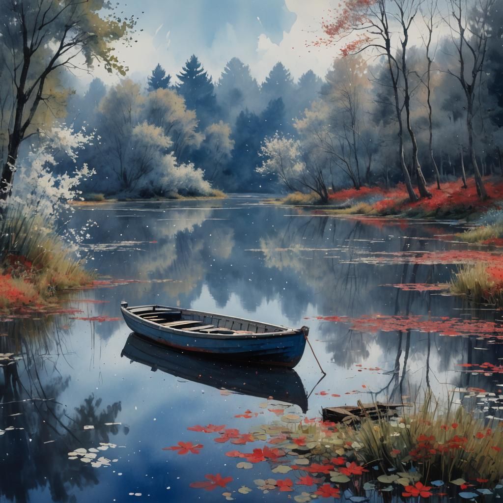 Old Boat on Still Lake as Watercolor Painting