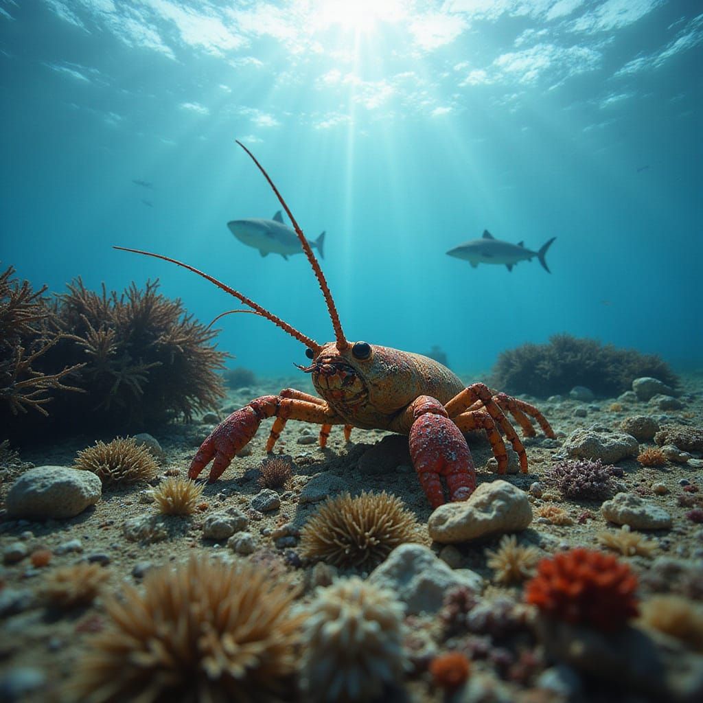 Spiny Lobster and Sharks in Vibrant Coral Reef