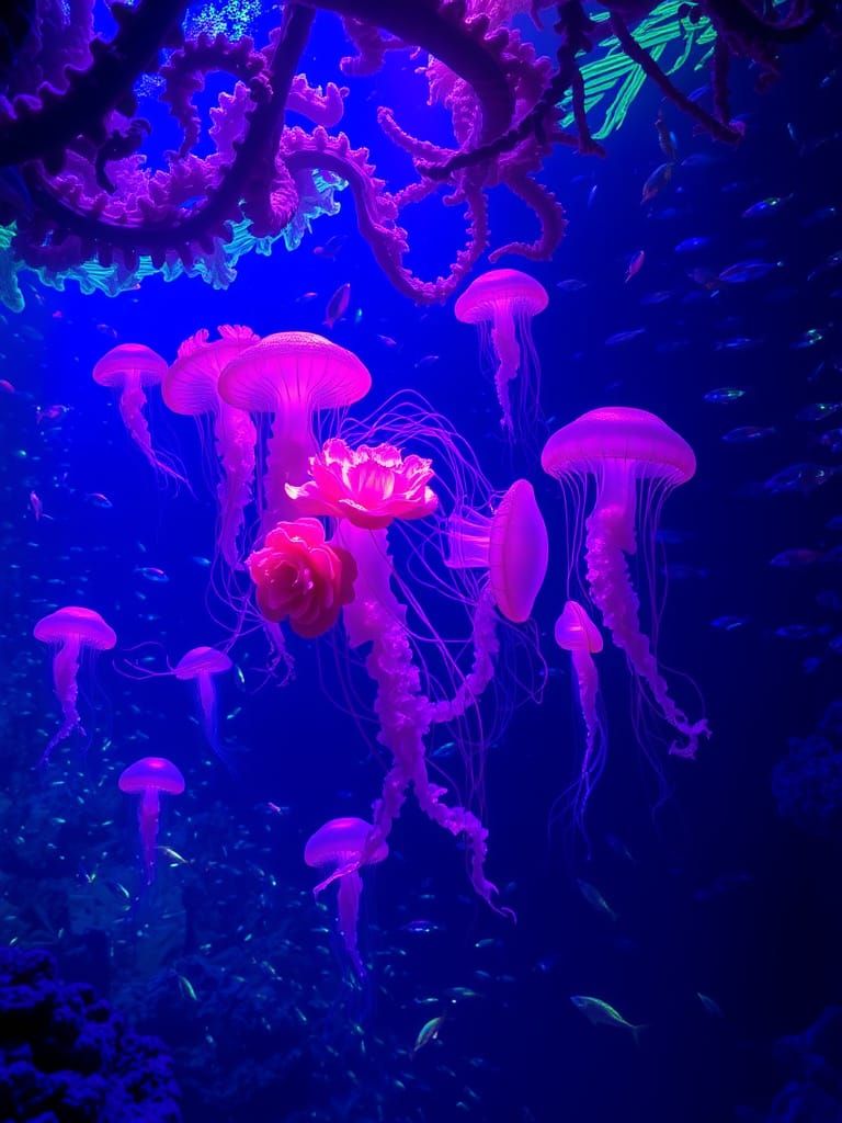Exotic Jellyfish Merge with Glowing Flowers in a Bioluminesc...