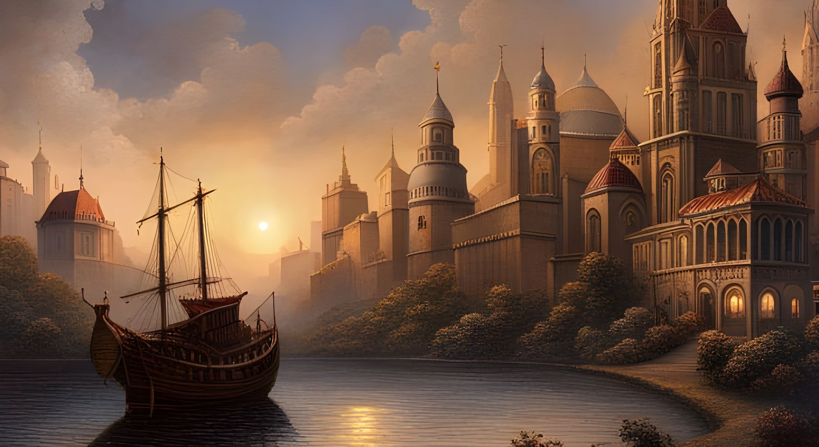Ethereal Fantasy Cityscape with Ship