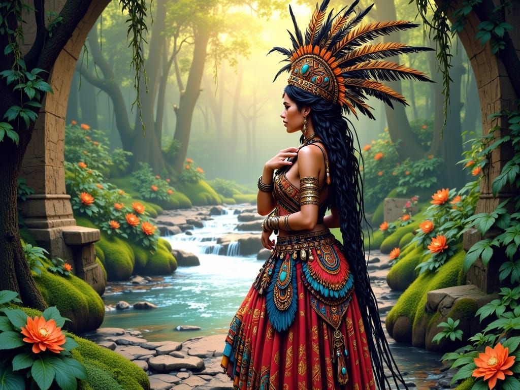 Surreal Aztec Goddess Basks in River's Warm Glow