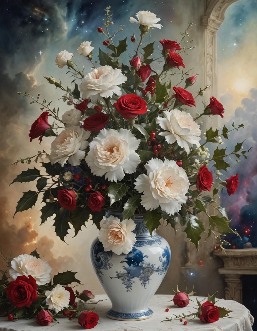 Surreal Floral Still Life with Galactic Nebula