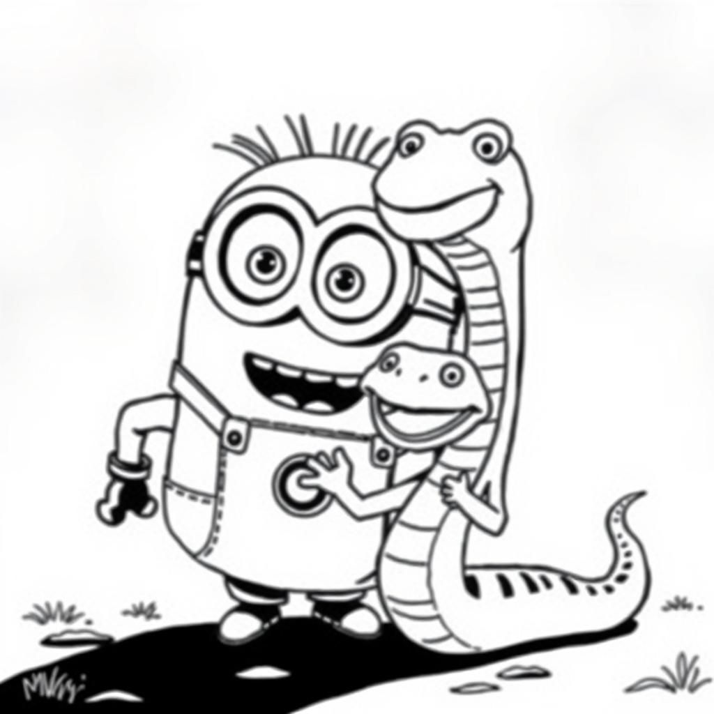 Un minion vistió a un minion con una serpiente. Black and wh...