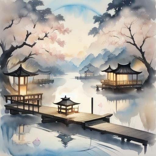 Kawaii Cartoon Honeymoon Scene with Lanterns