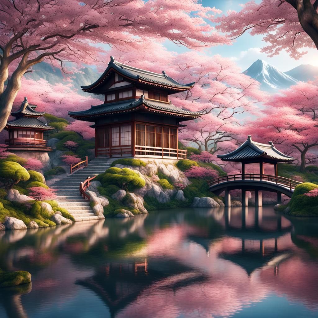 Cherry Blossoms in a Japanese Garden: Digital Matte Painting