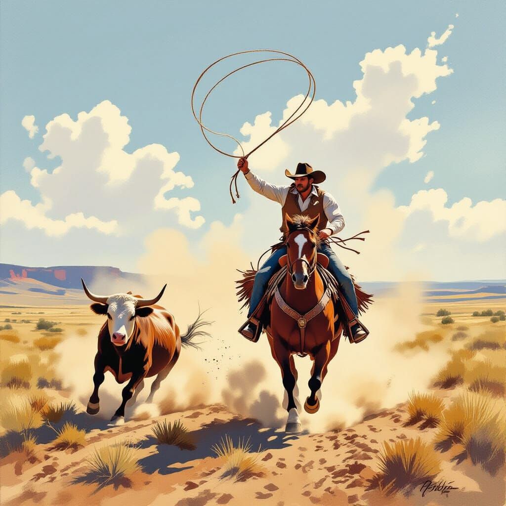 Cowboy Chasing Steer in Dusty Western Landscape