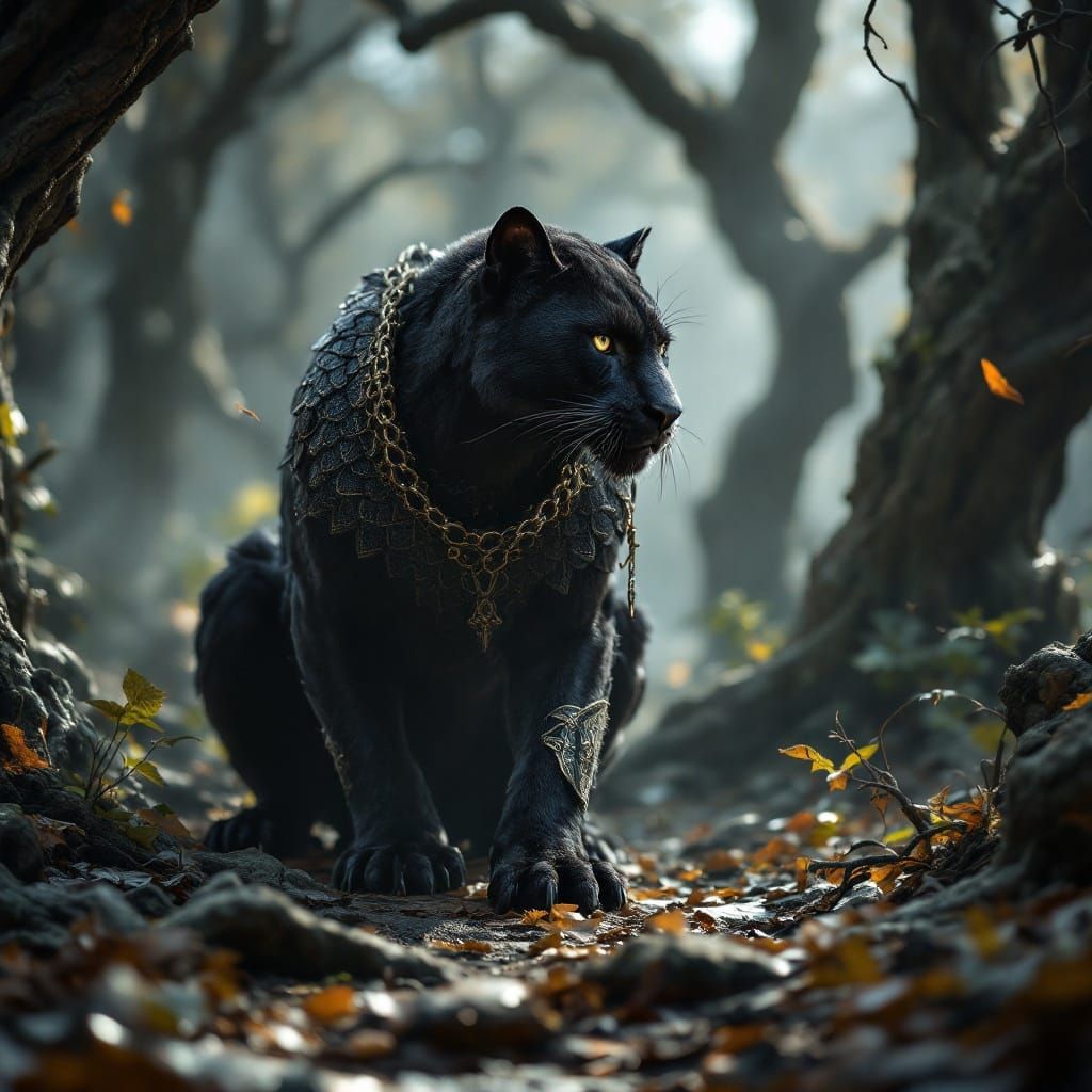 Majestic Shadow Panther in Golden Chain Mail Armor