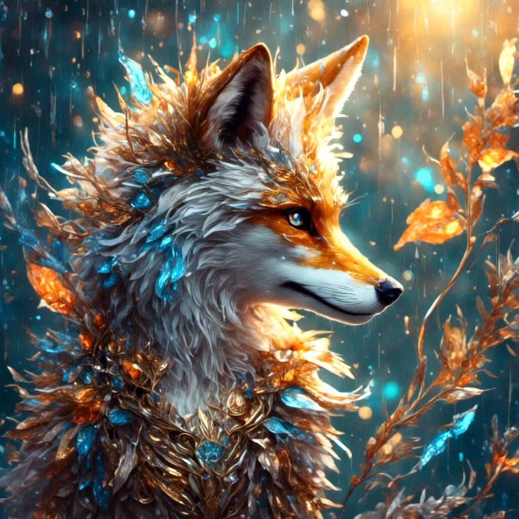 Ethereal Fox Face with Fire Feathers in Splash Art