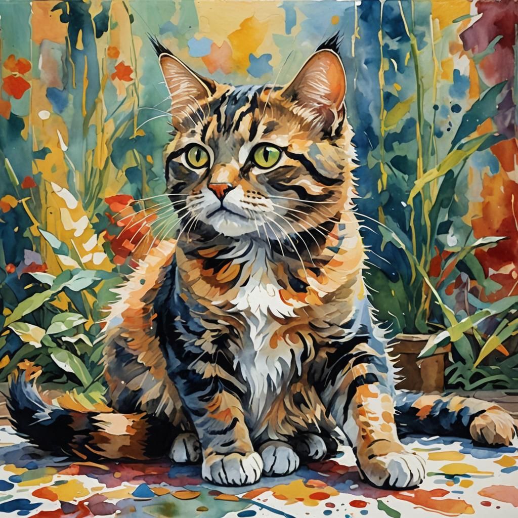 Impressionist Gouache Cat Painting on Canvas in 8K