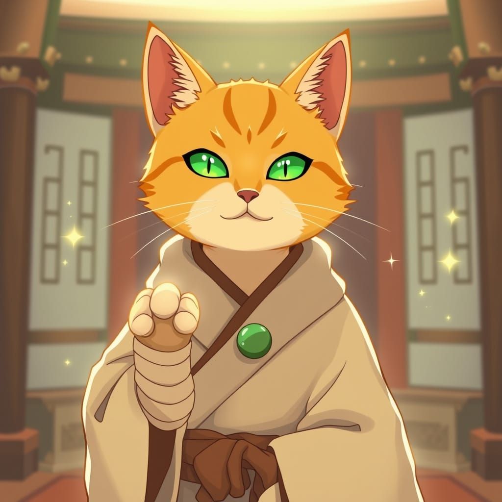 Golden Cat Monk in Mystical Dojo, Anime Style