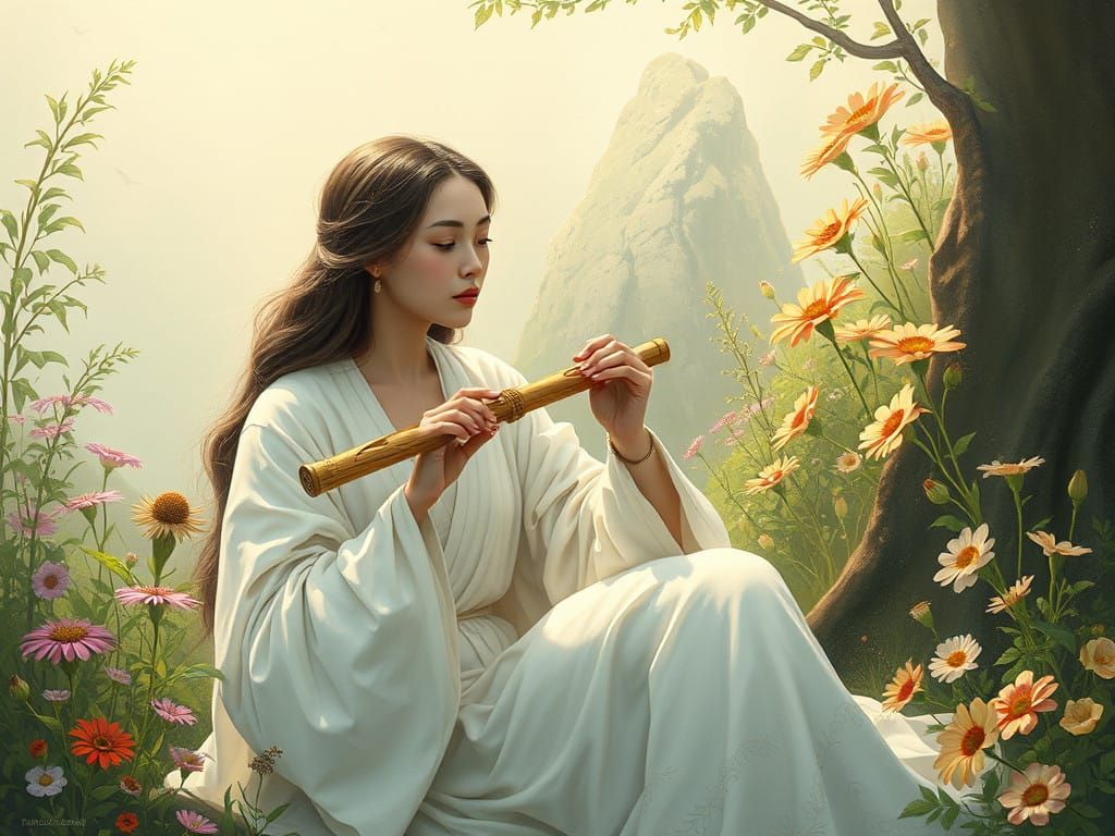 Serene Woman Plays Delicate Flute Surrounded by Lush Greener...