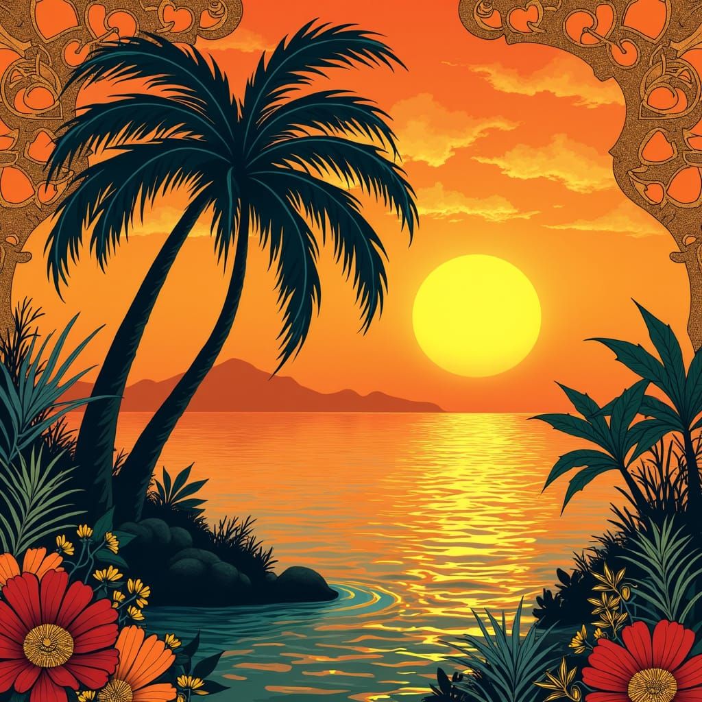 Bali Sunset Art Deco Style Poster