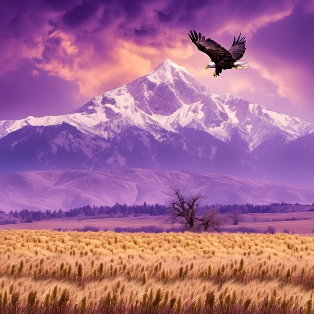 Majestic Eagle Soaring Above Amber Waves and Mountains