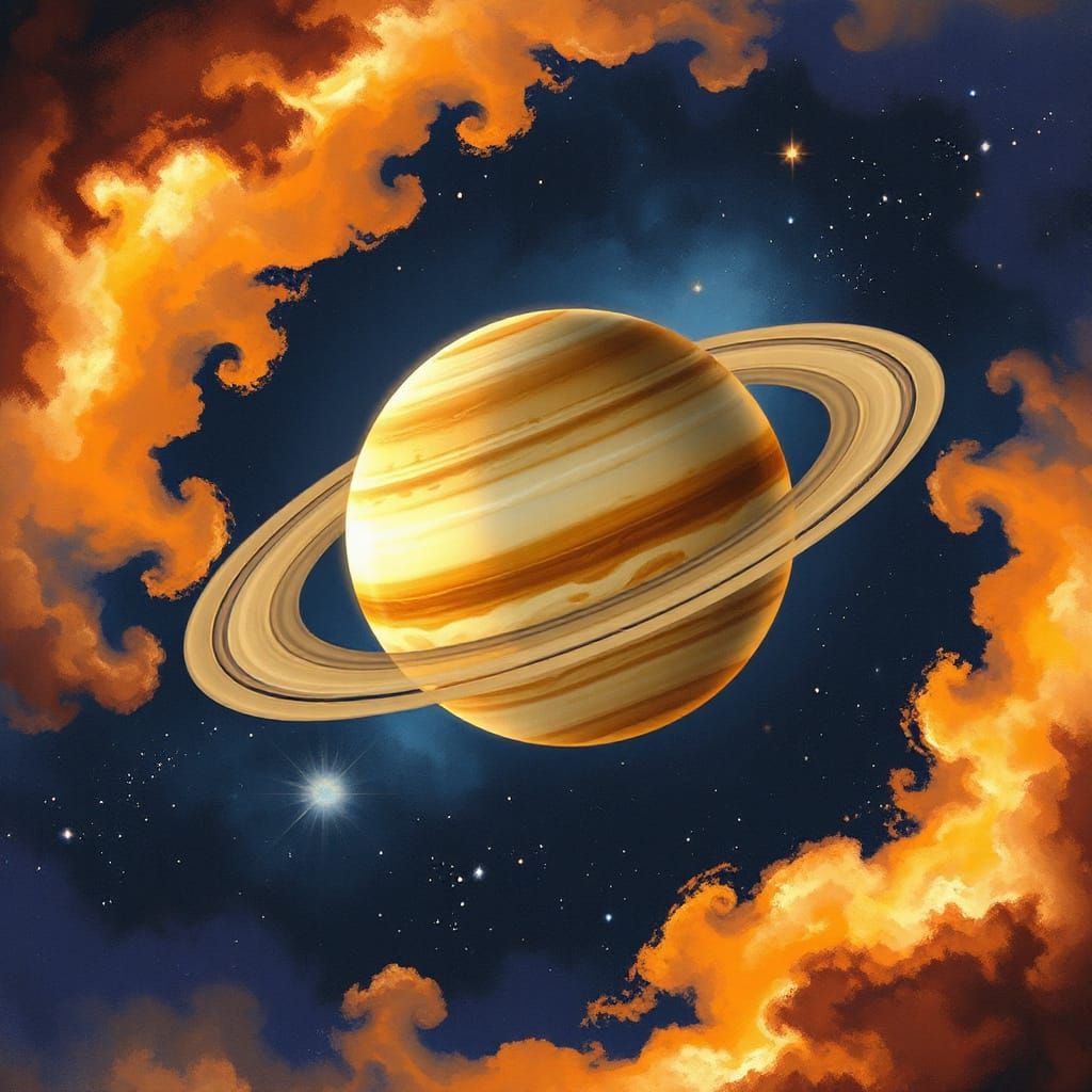 Saturn's Luminous Rings in Vibrant Painterly Style