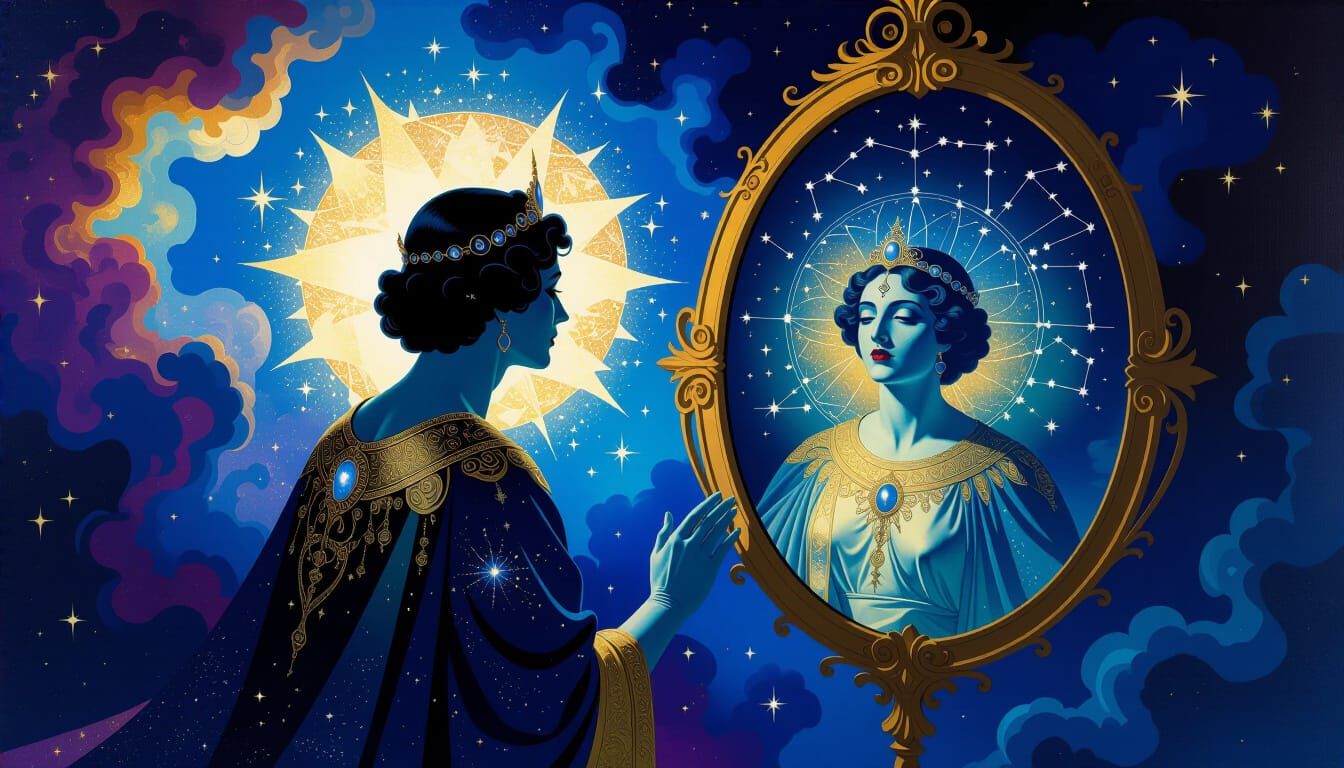 Cosmic Narcissism: Figure Gazes into Zodiac Mirror