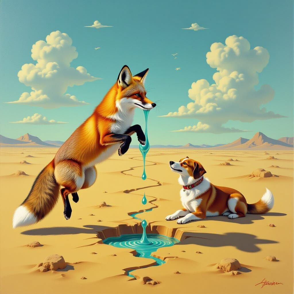 Surrealist Fox Jumps Over Dog, Dali Style