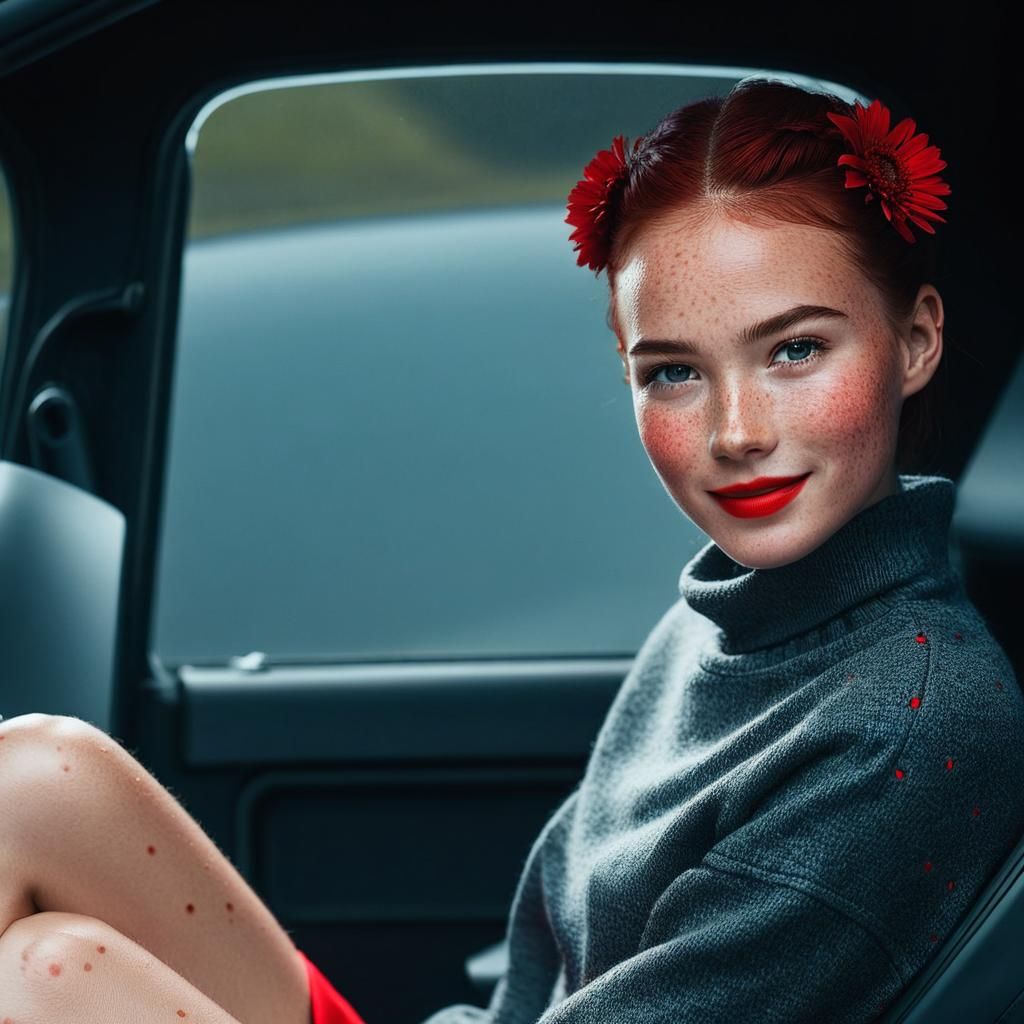 Portrait in Black and Red with Freckled Smile