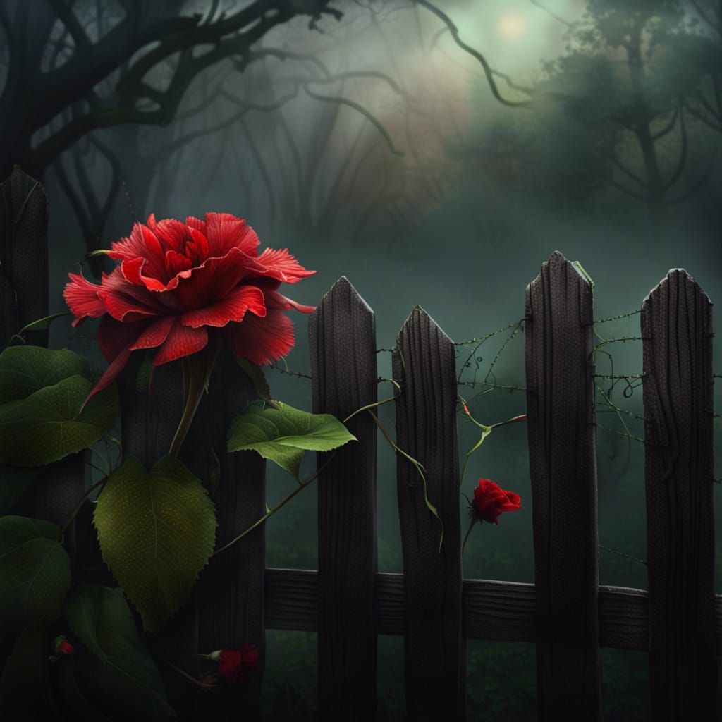 Poison Ivy and Red Flower in Morning Fog