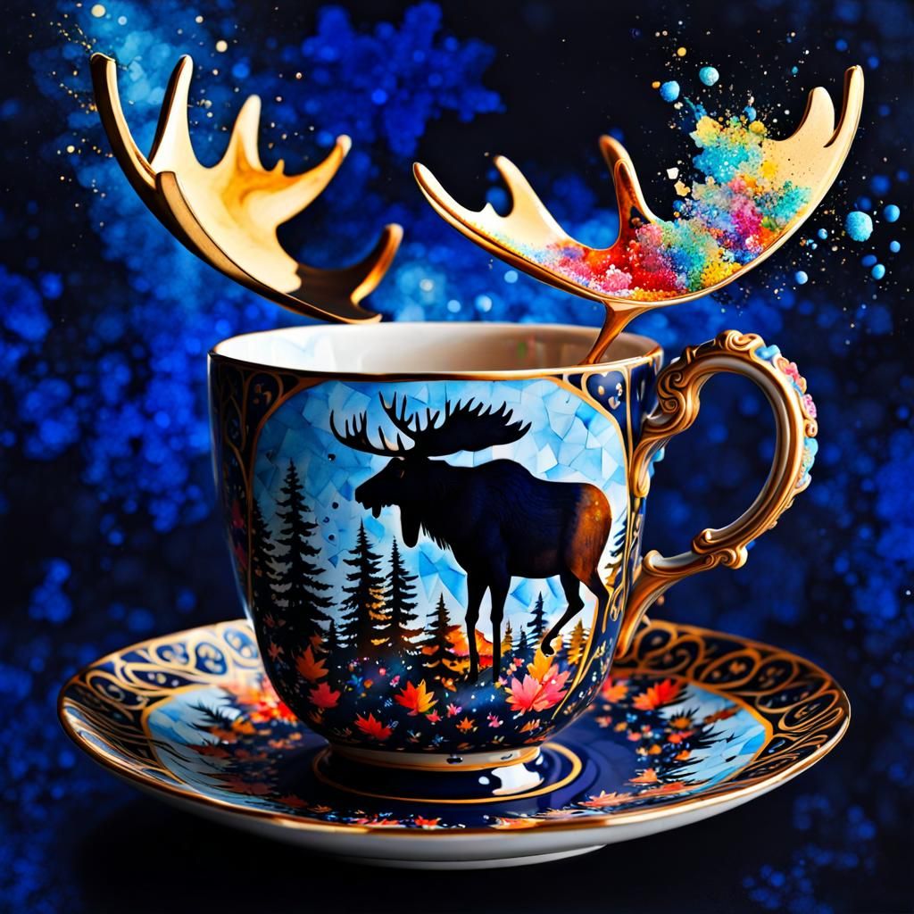 Moose Teacup in Watercolor Ink Mosaic Style