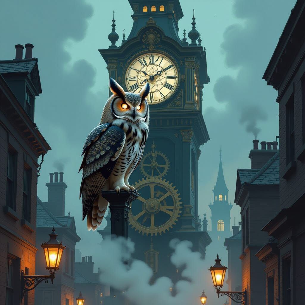 Steampunk Owl on Gear Clocktower in Gaslight City
