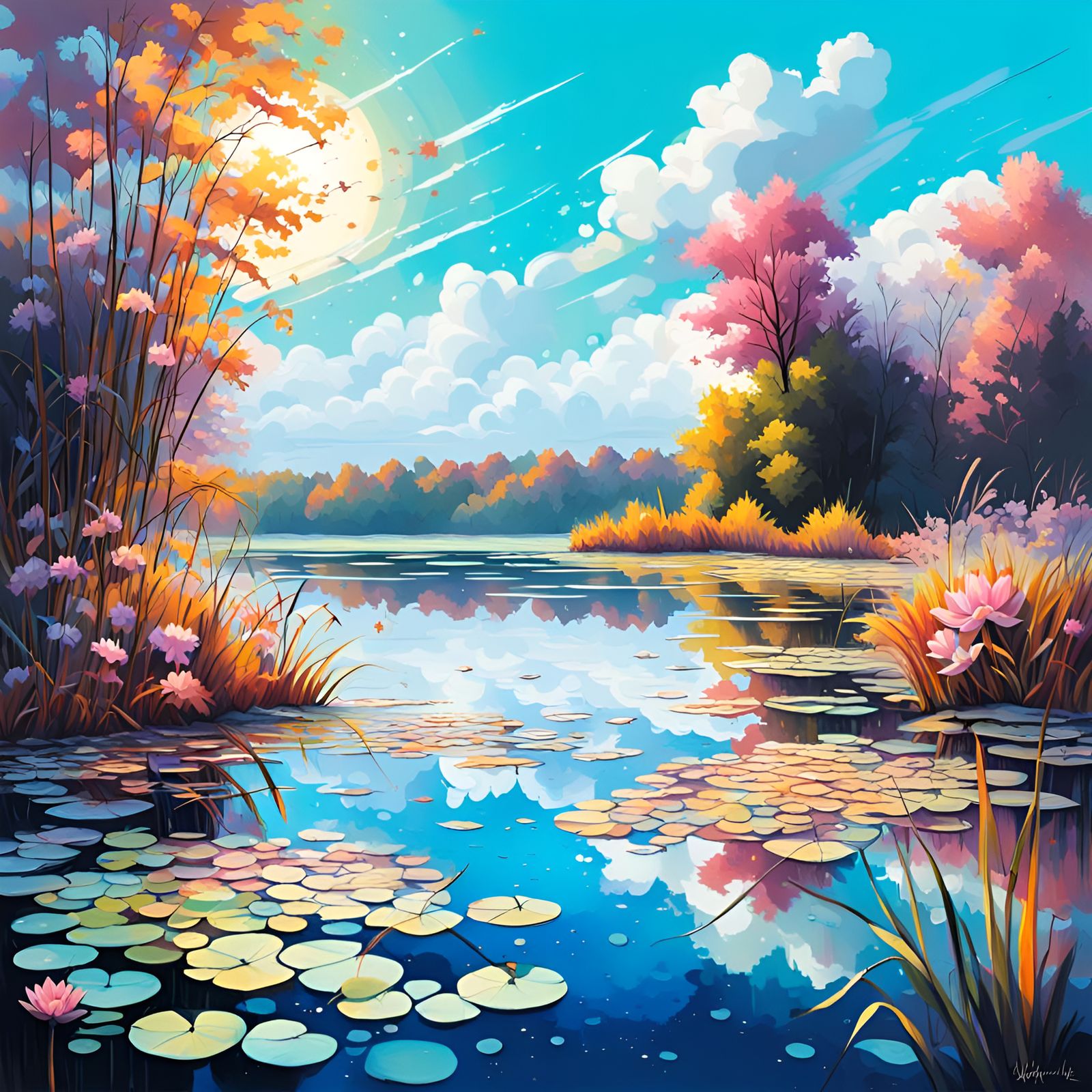 Scenic Lake with Autumn Colors in Graffiti Art