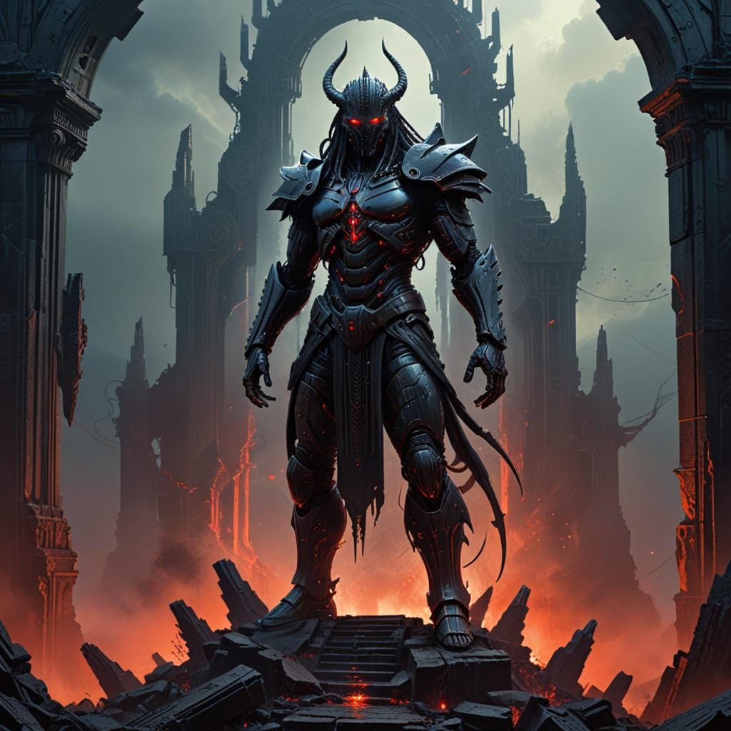 Biomechanical Overlord Dominates Futuristic Temple Ruins