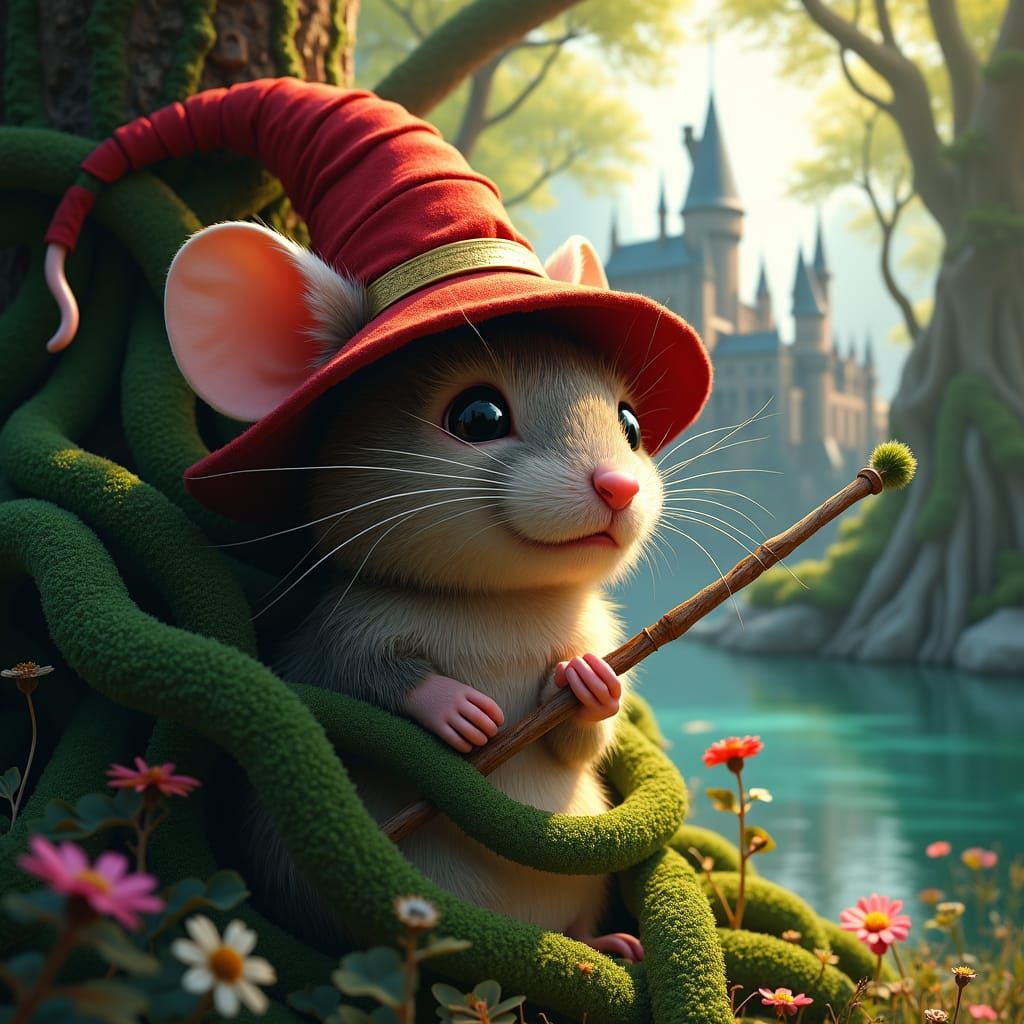 Mouse Wizard Entangled in Vines in Enchanted Forest
