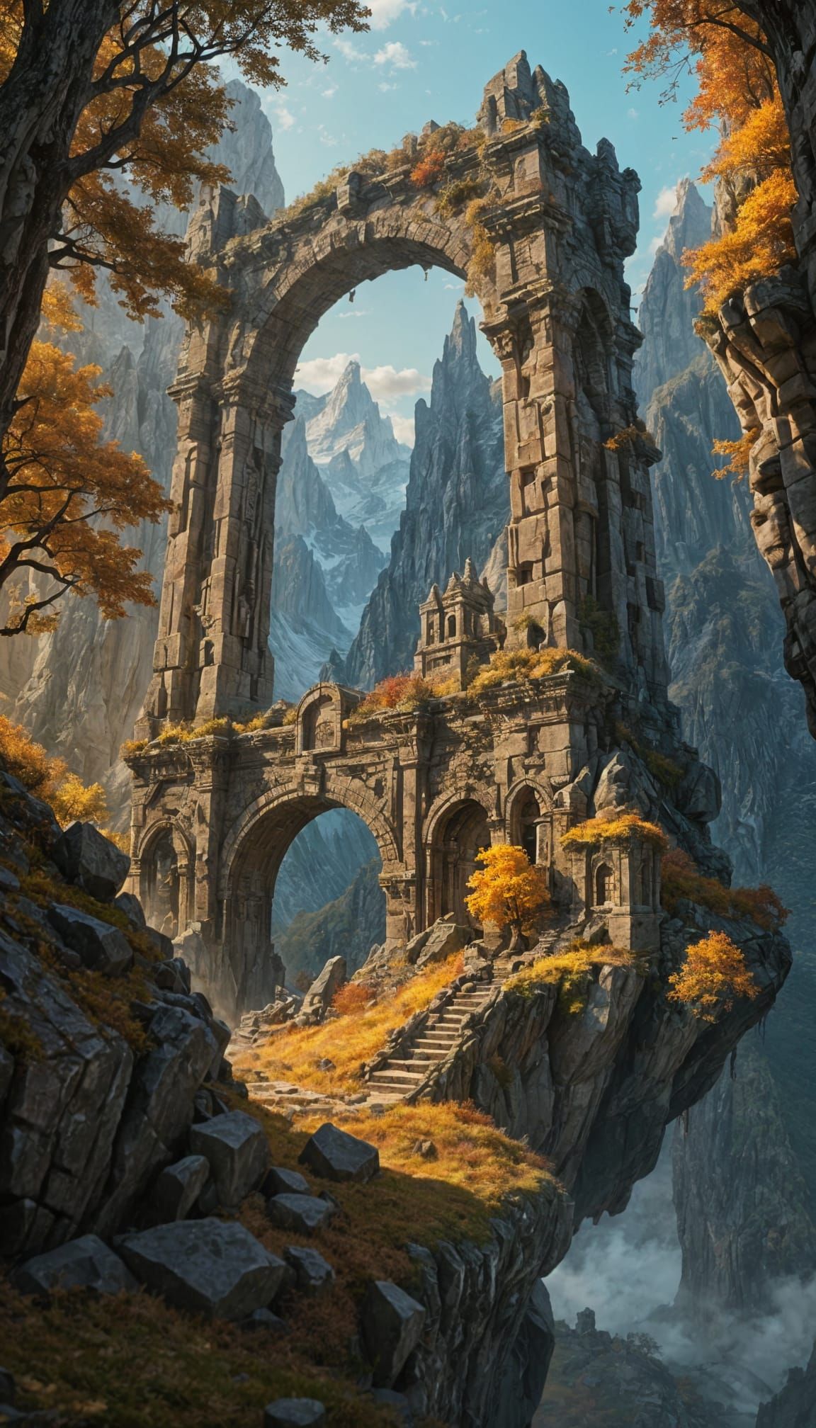 Fantasy Mountain Ruins in Autumn Palette