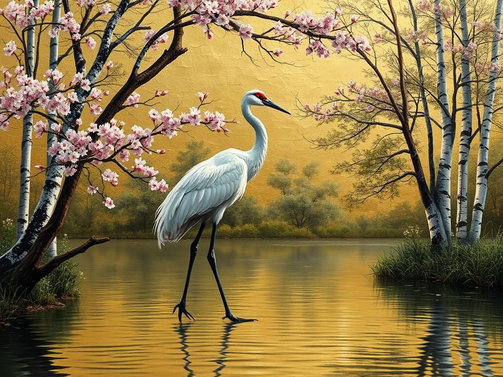 Metallic Crane in Cherry Blossoms, Impasto Painting